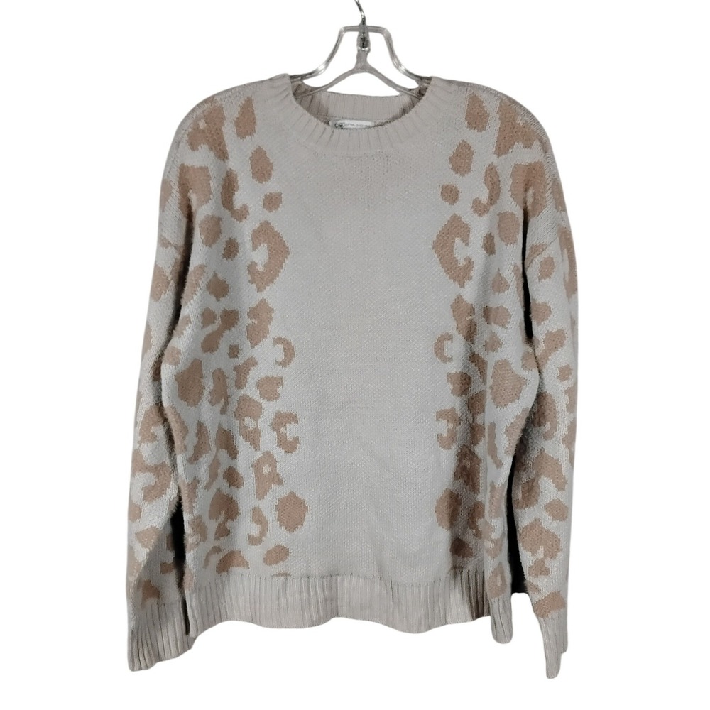 Cato Womens Large Tan Leopard Print Crewneck Sweater Eyelash Knit Accents Large